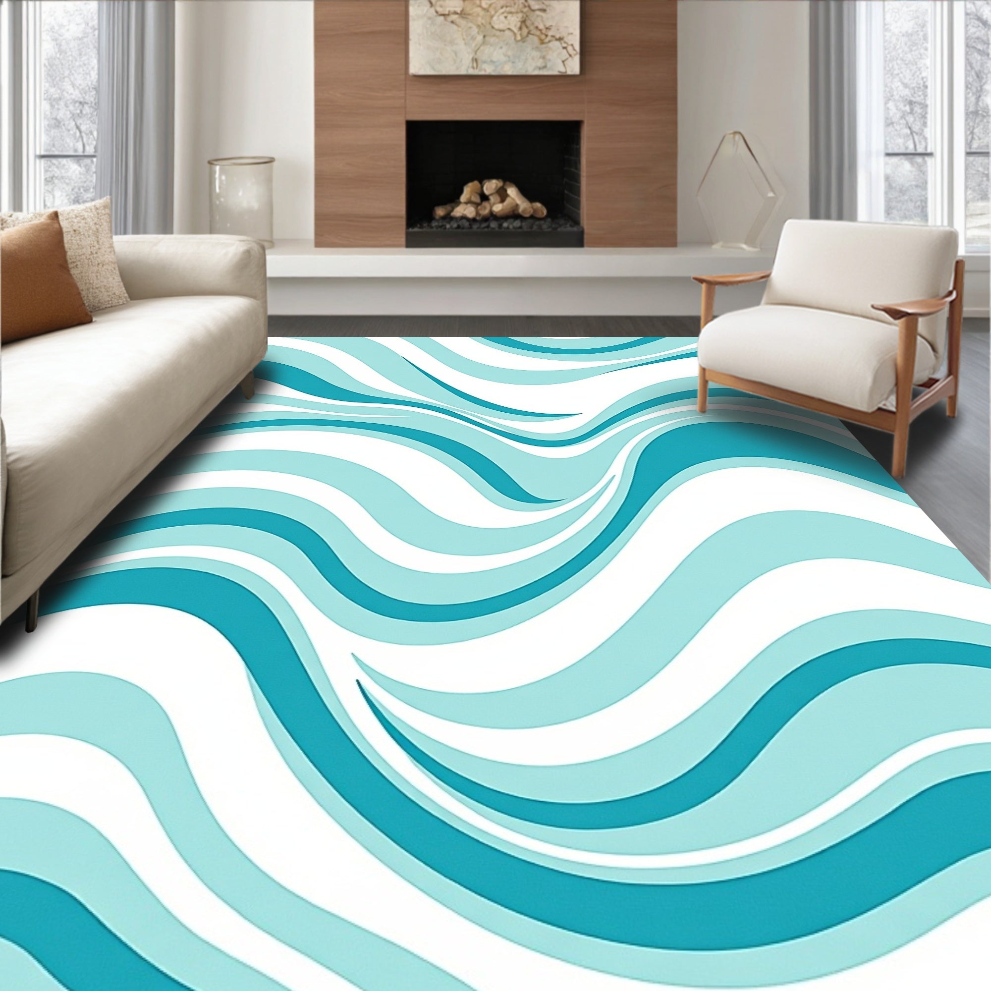 Aqua Blue Wavy Stripe Design Rug