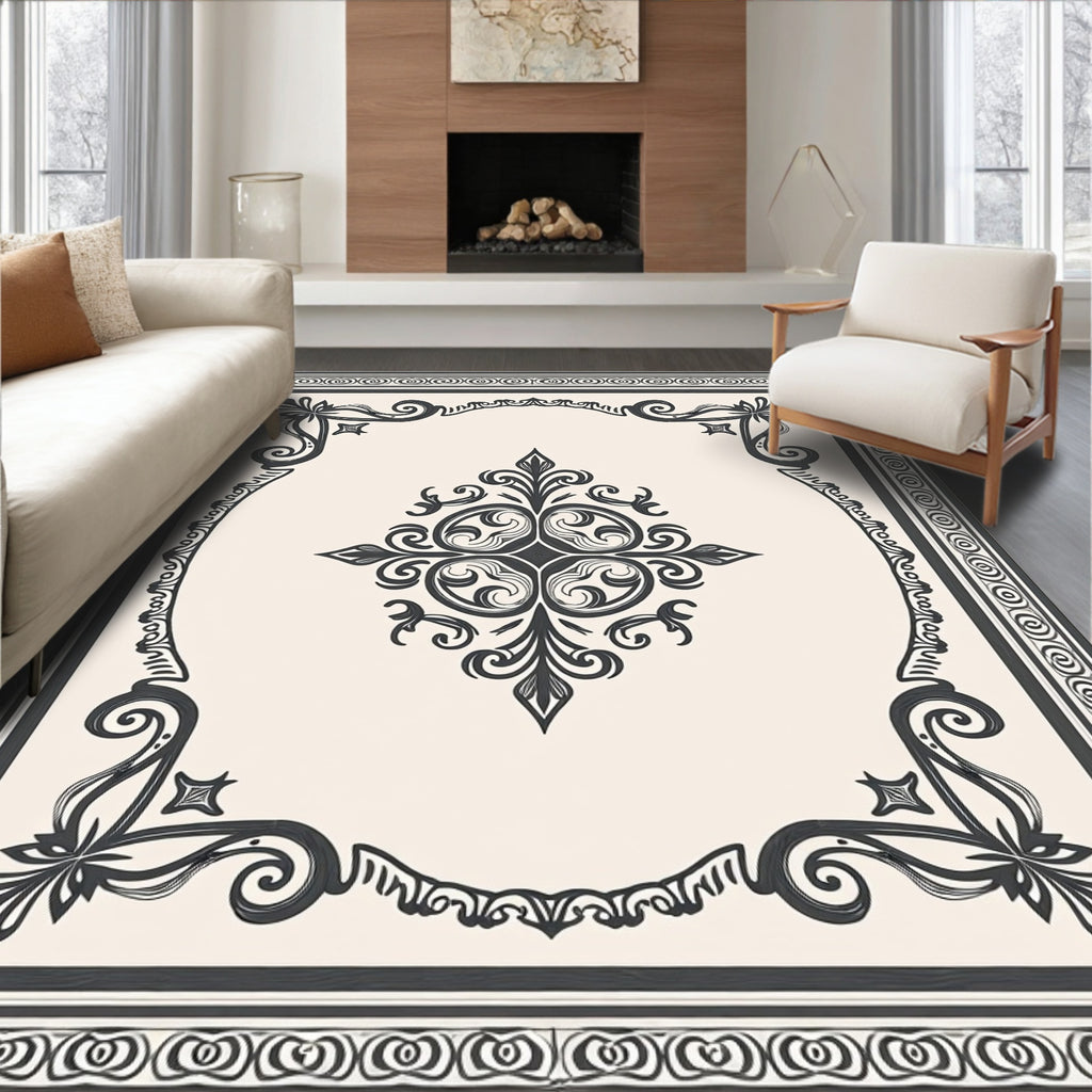 Intricate Black Floral Scrollwork Rug