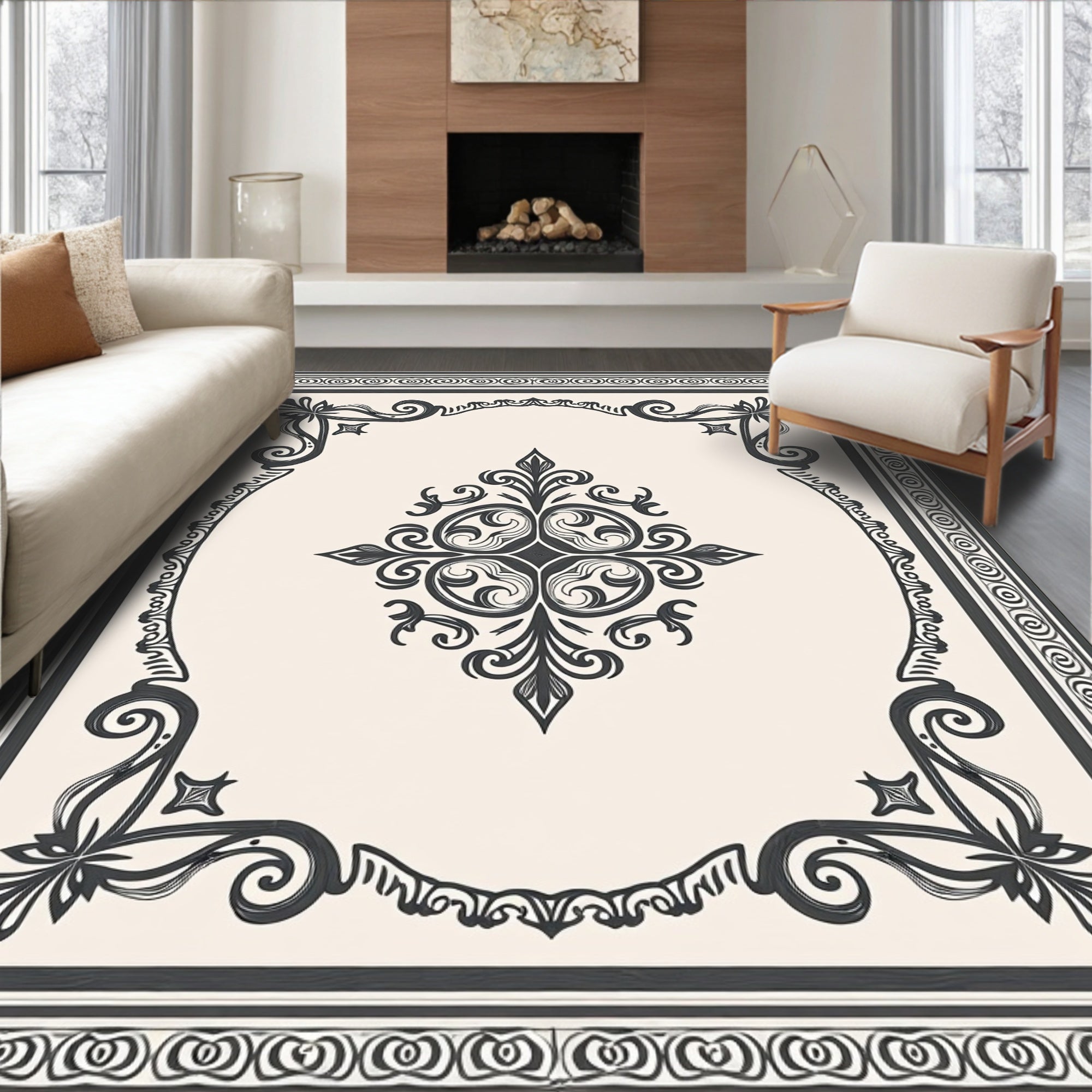 Intricate Black Floral Scrollwork Rug