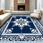 Intricate Floral Border Dark Blue Rug