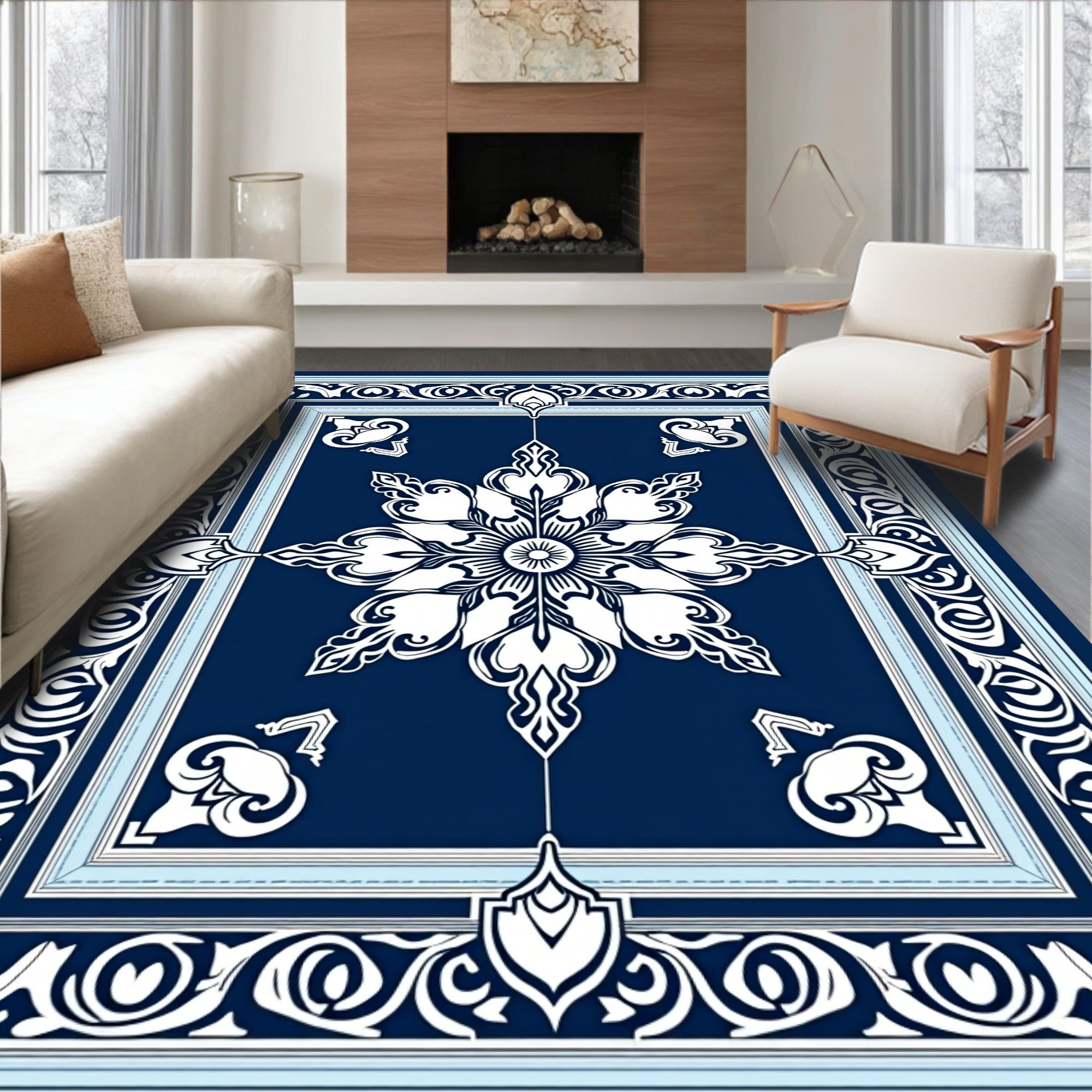 Intricate Floral Border Dark Blue Rug