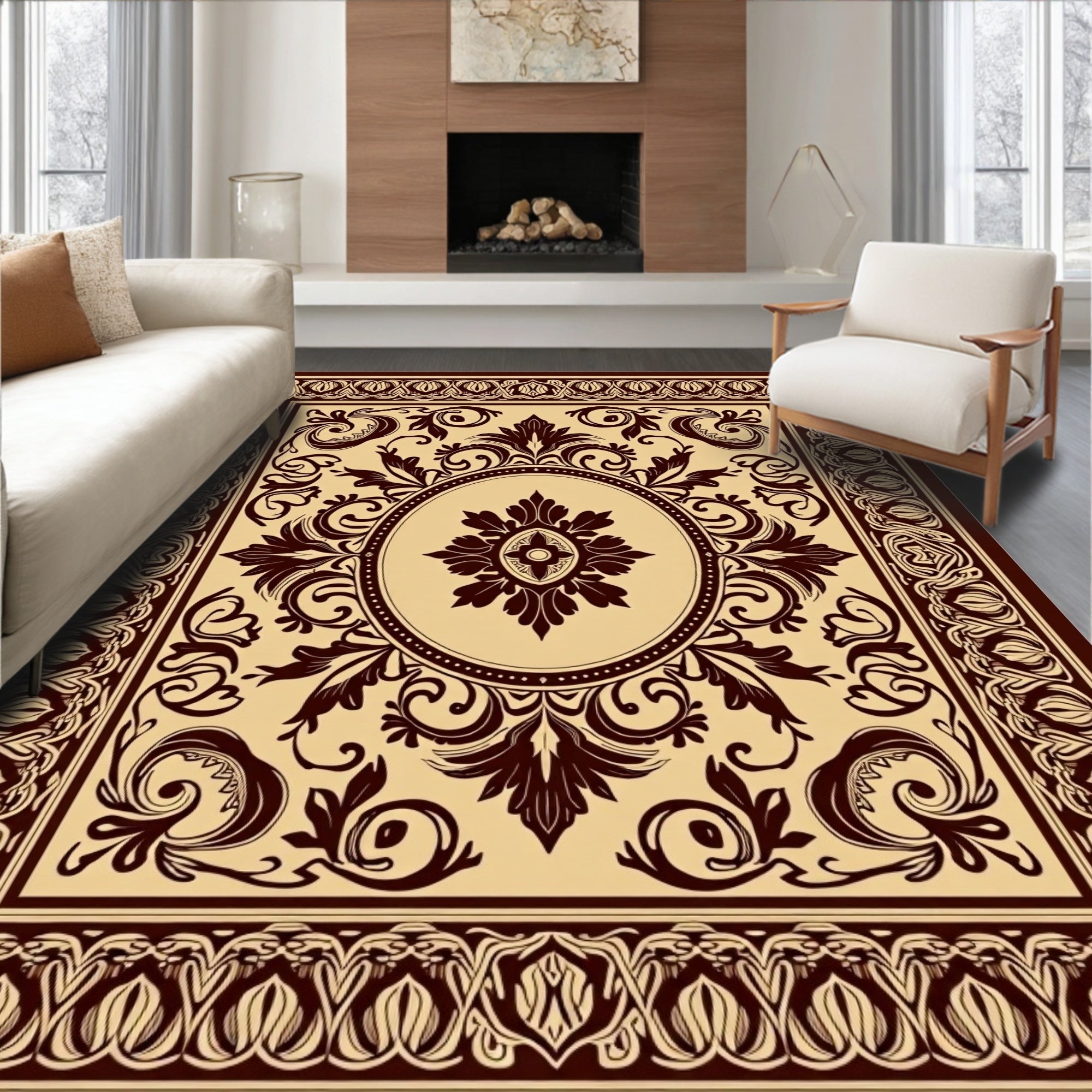 Ornate Brown Floral Medallion Pattern Rug