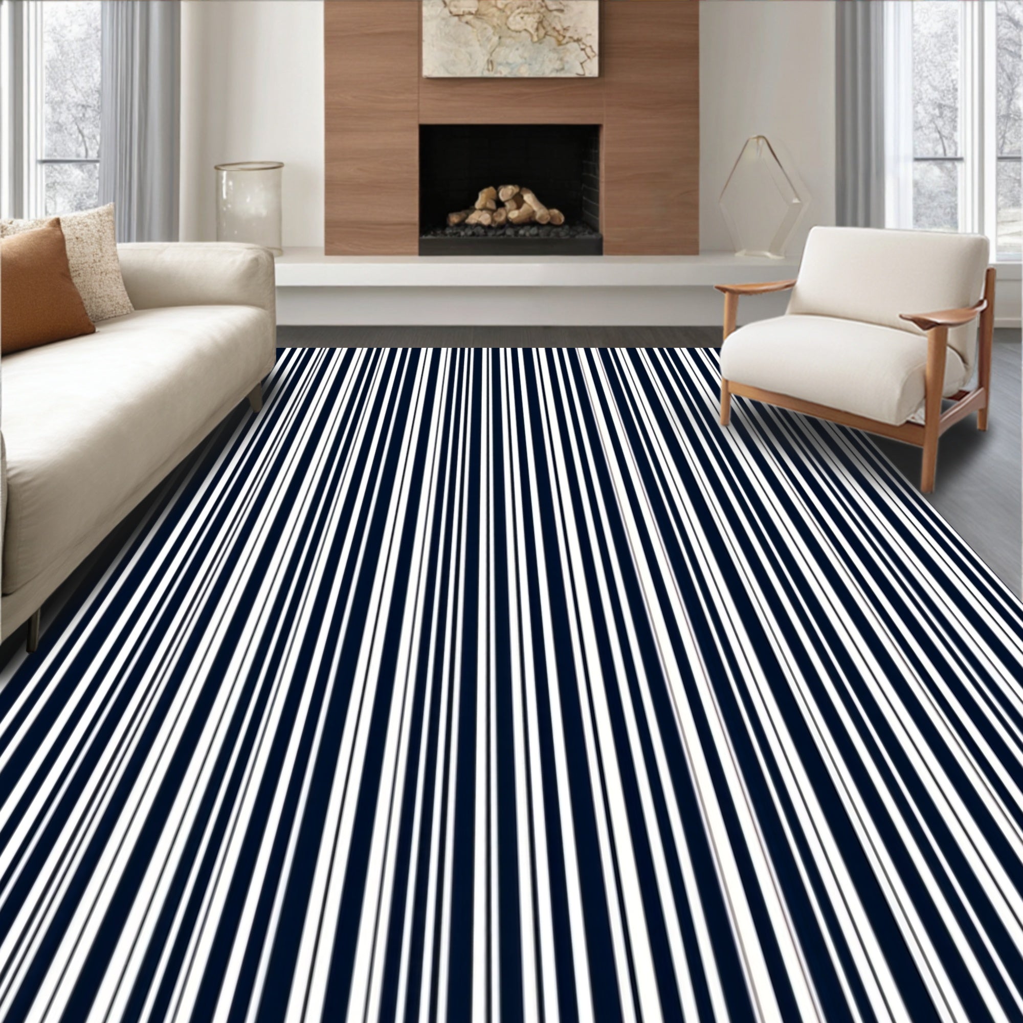 Striped Pattern Navy White Design Rug