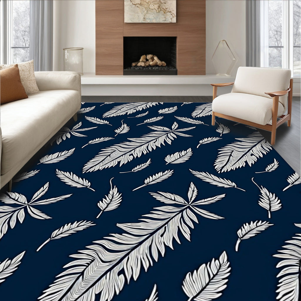 Navy White Feathered Foliage Rug