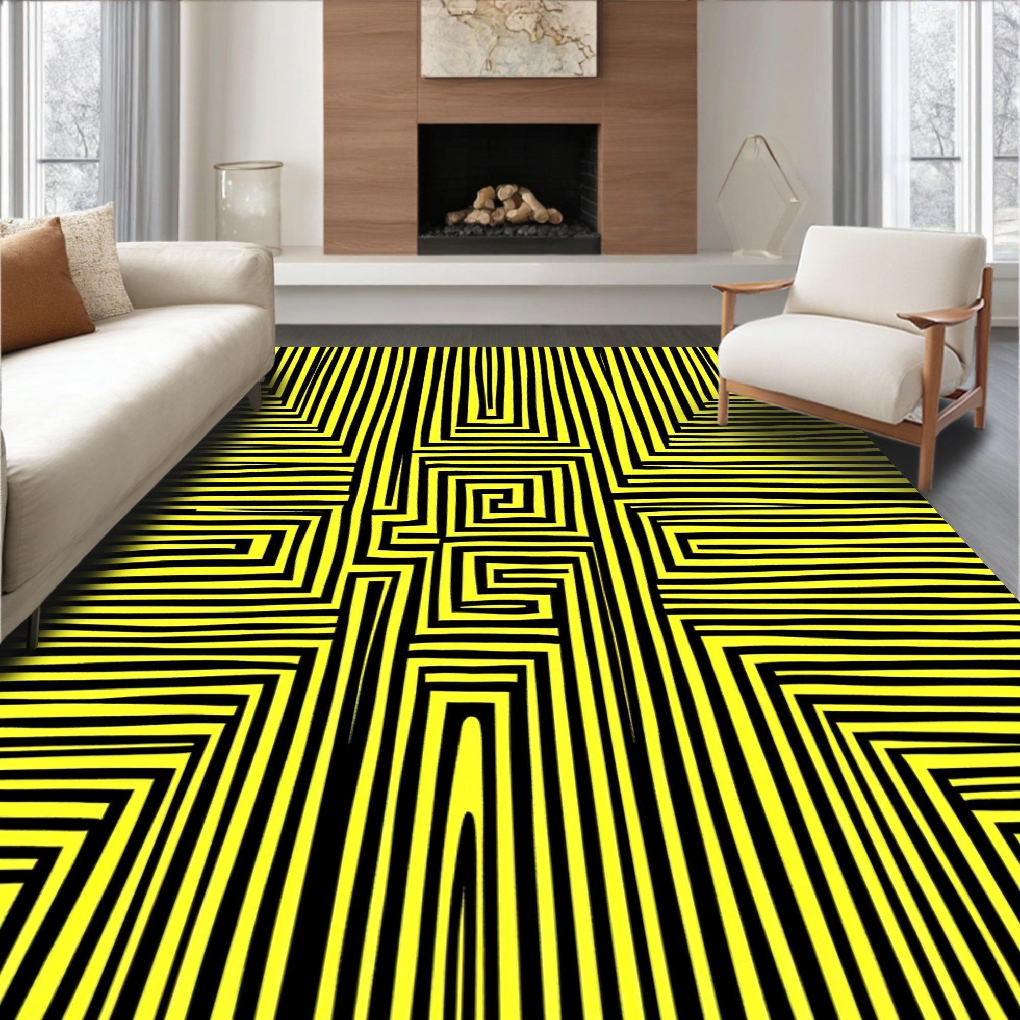 Bold Yellow And Black Maze Pattern Rug