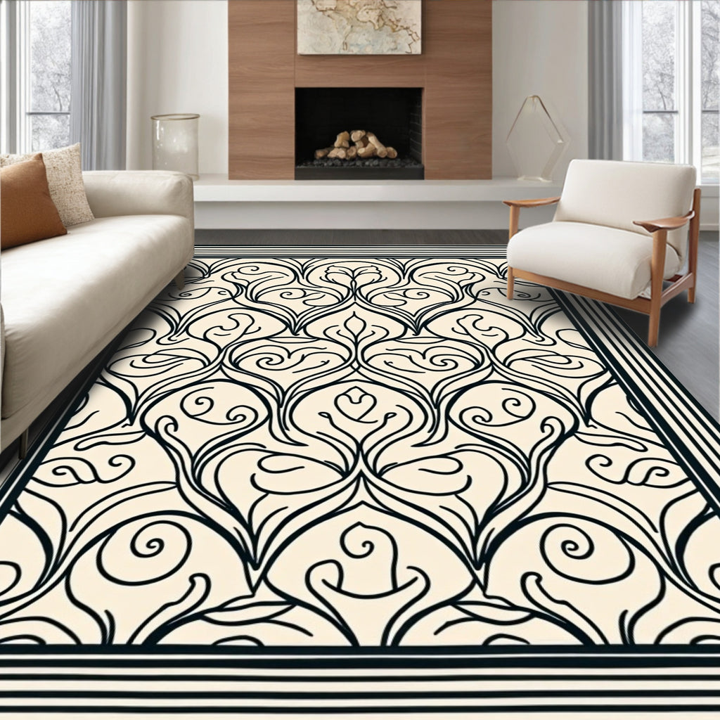 Damask Floral Scroll Black Cream Rug