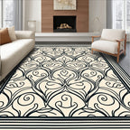 Damask Floral Scroll Black Cream Rug