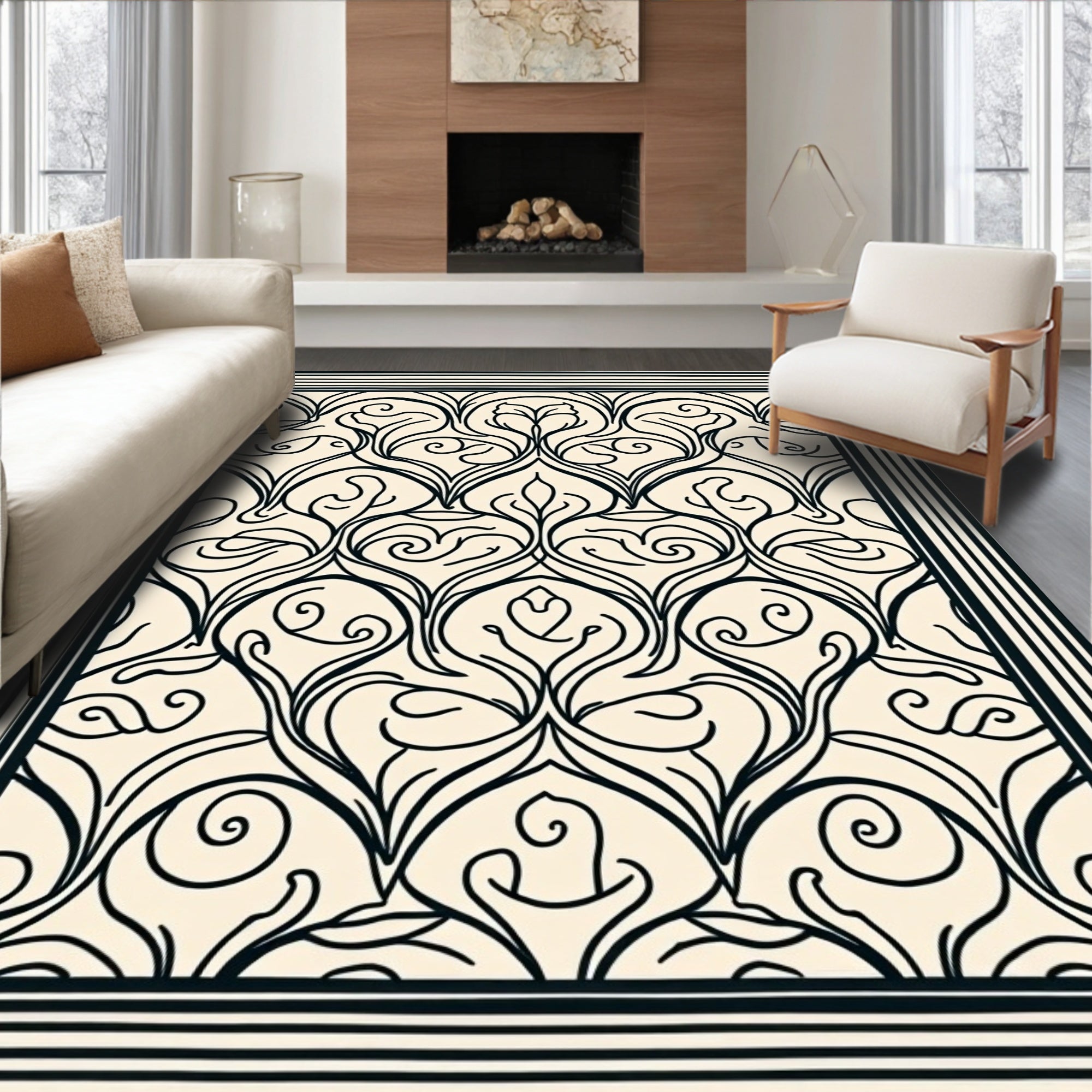 Damask Floral Scroll Black Cream Rug