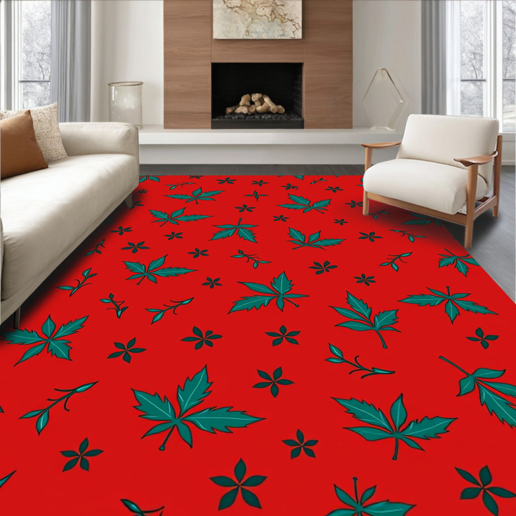 Red Green Leafy Pattern Design Rug