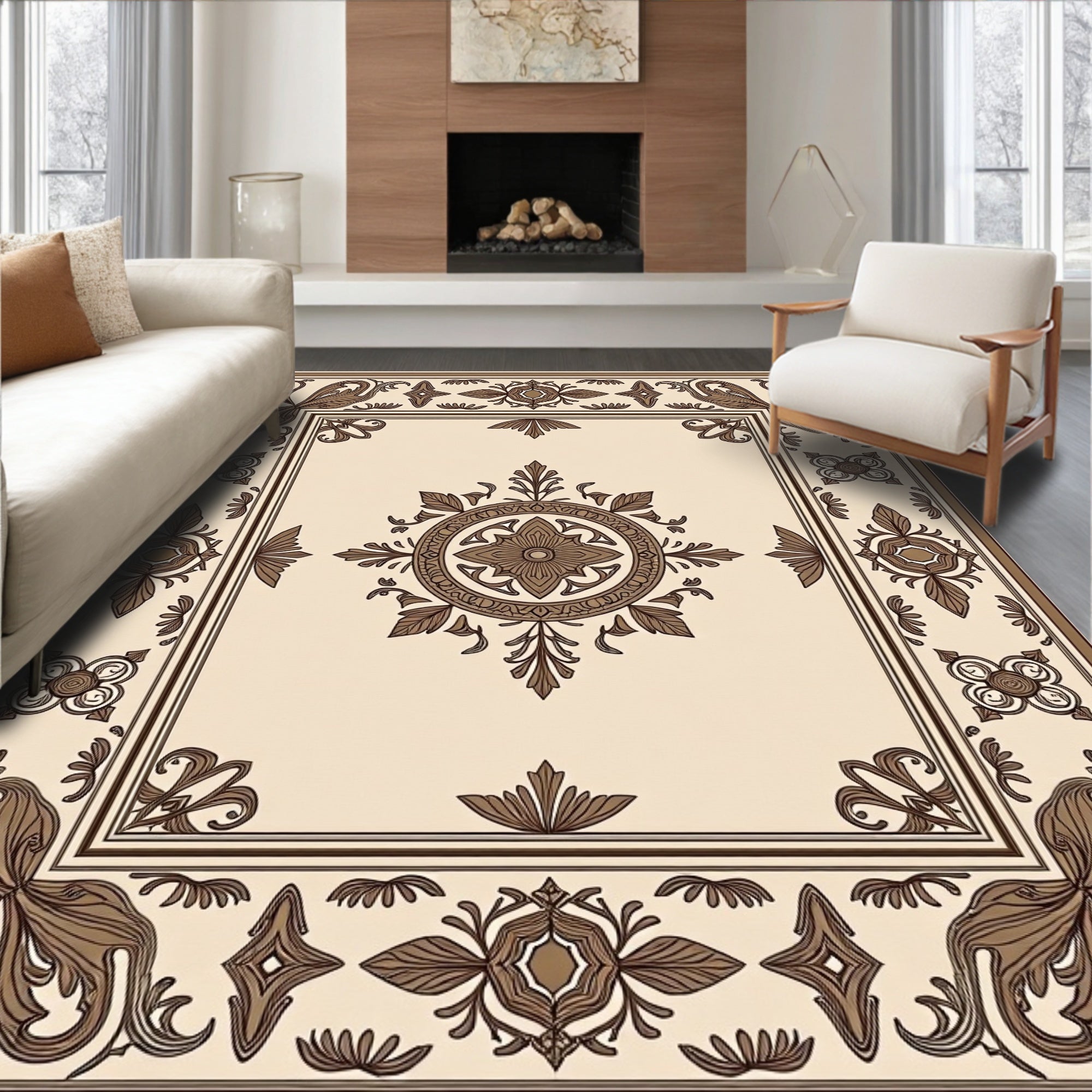 Ornate Floral Motif Bordered Rug