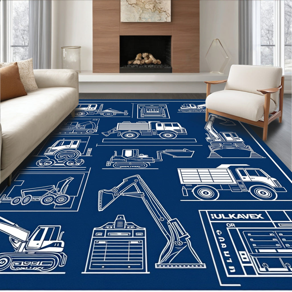 Construction Equipment Blueprint Art Rug