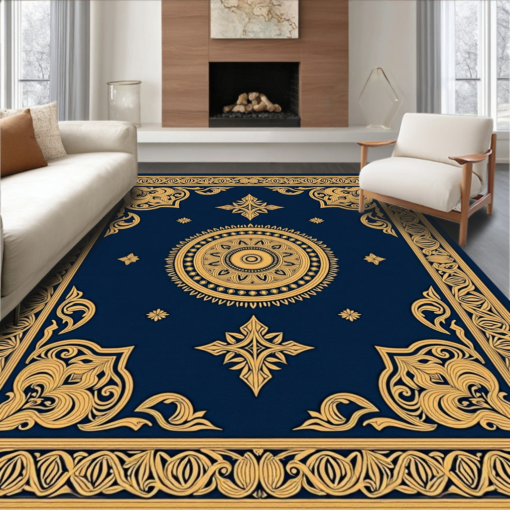 Ornate Gold Medallion Patterned Blue Rug