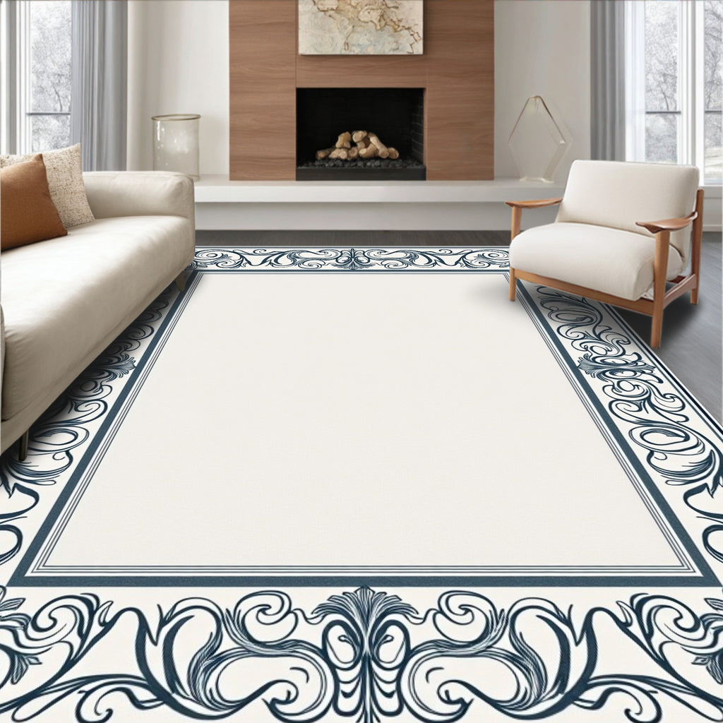 Ornate Dark Blue Floral Border Rug