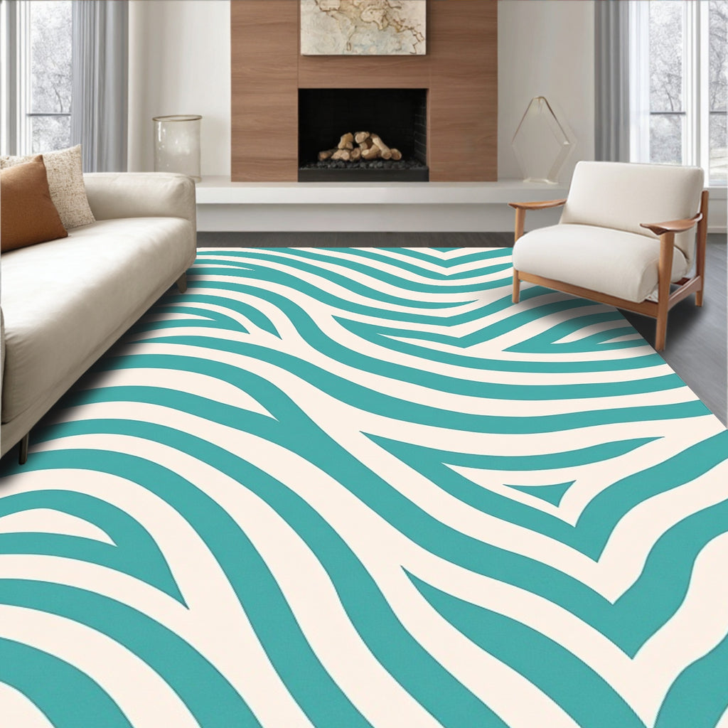 Aqua Cream Sweeping Stripe Pattern Rug