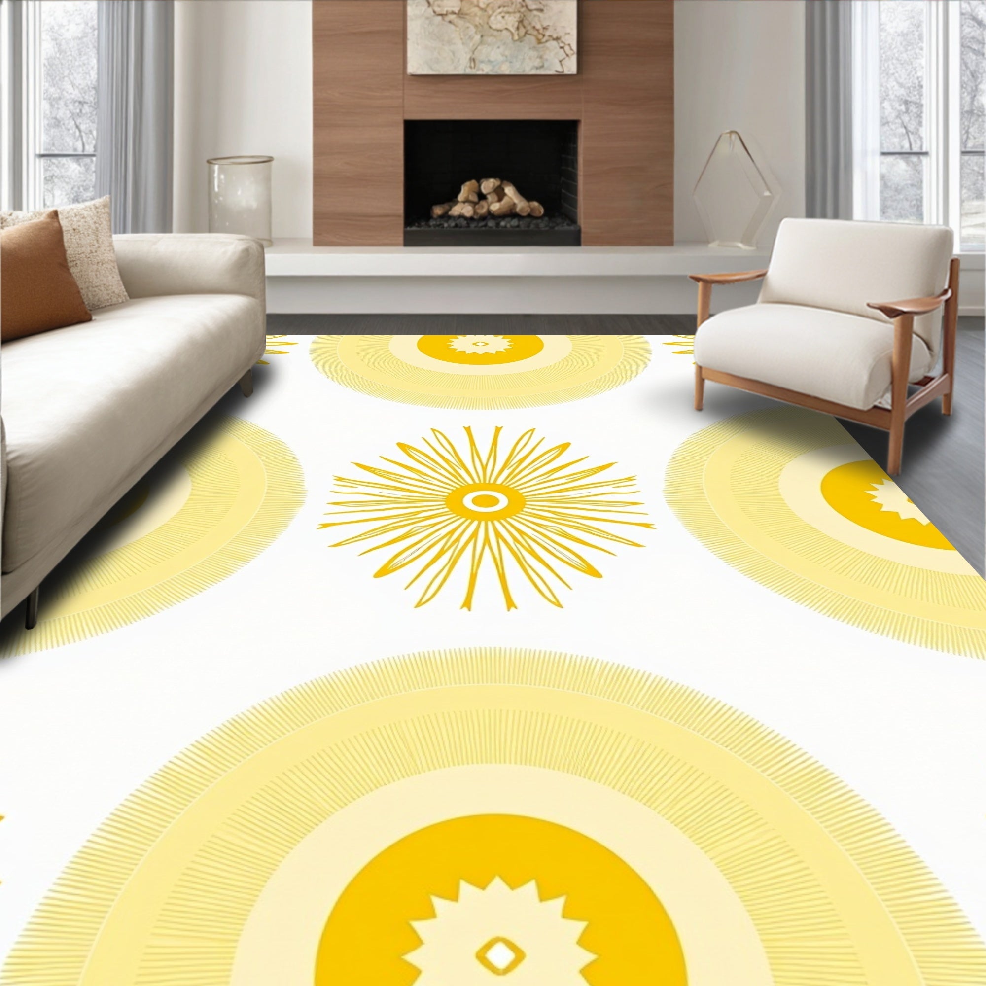 Golden Sunburst Circular Pattern Rug