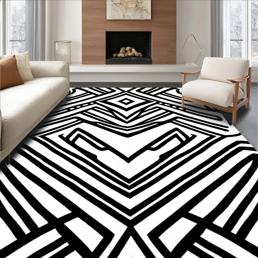 Bold Black White Geometric Pattern Rug