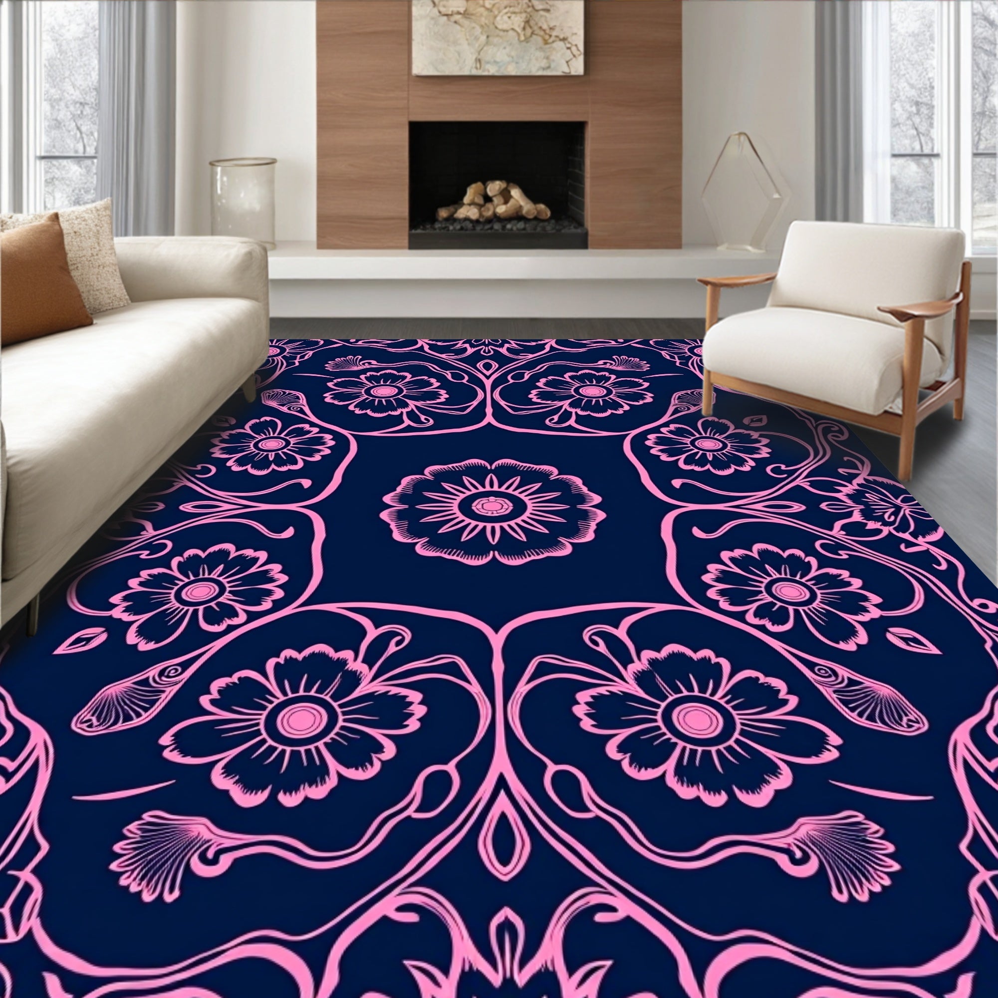 Ornate Pink Floral Symmetry Design Rug