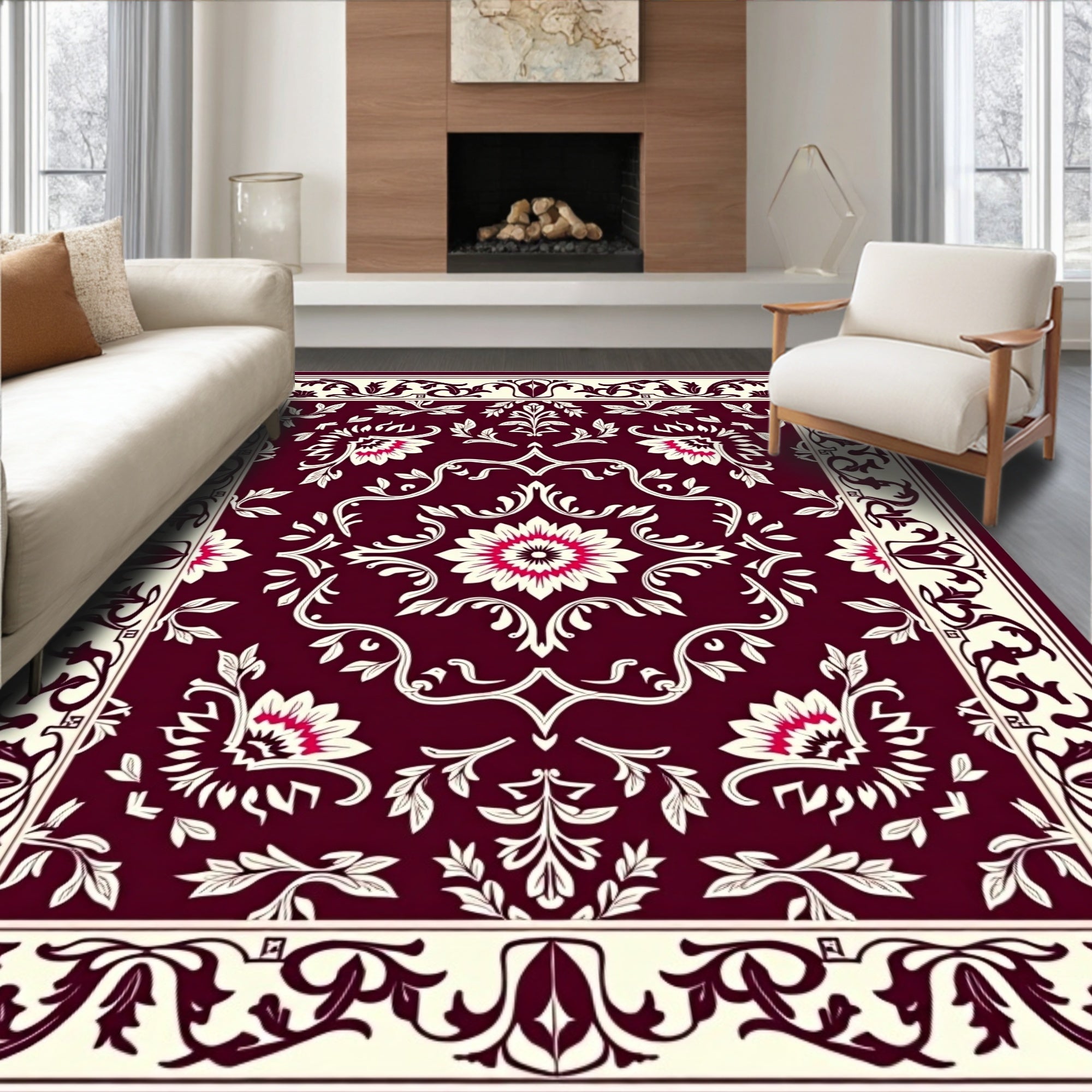 Rich Burgundy Floral Scrollwork Medina Rug