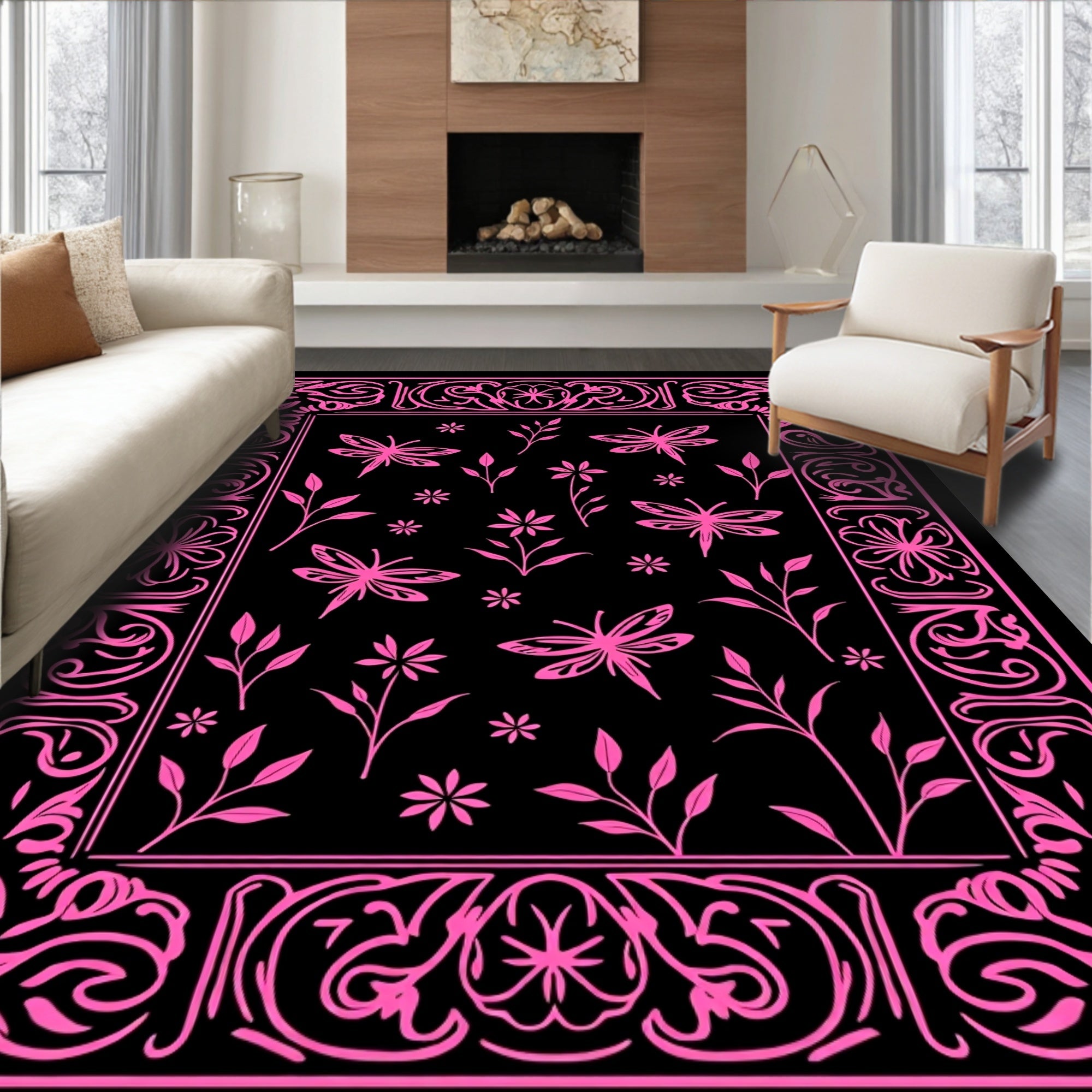 Vibrant Pink Dragonfly Floral Border Rug