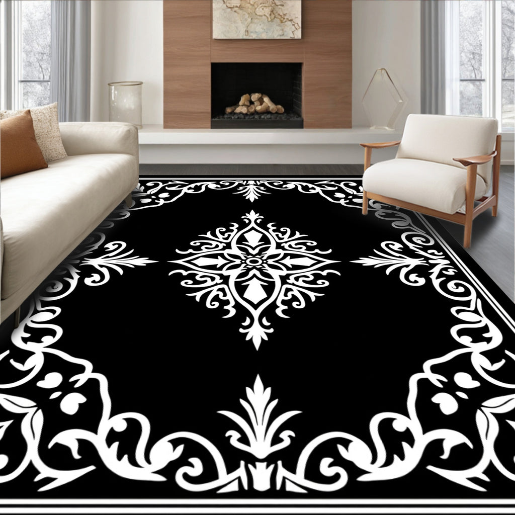Black White Floral Scroll Medallion Rug