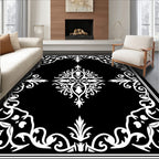 Black White Floral Scroll Medallion Rug