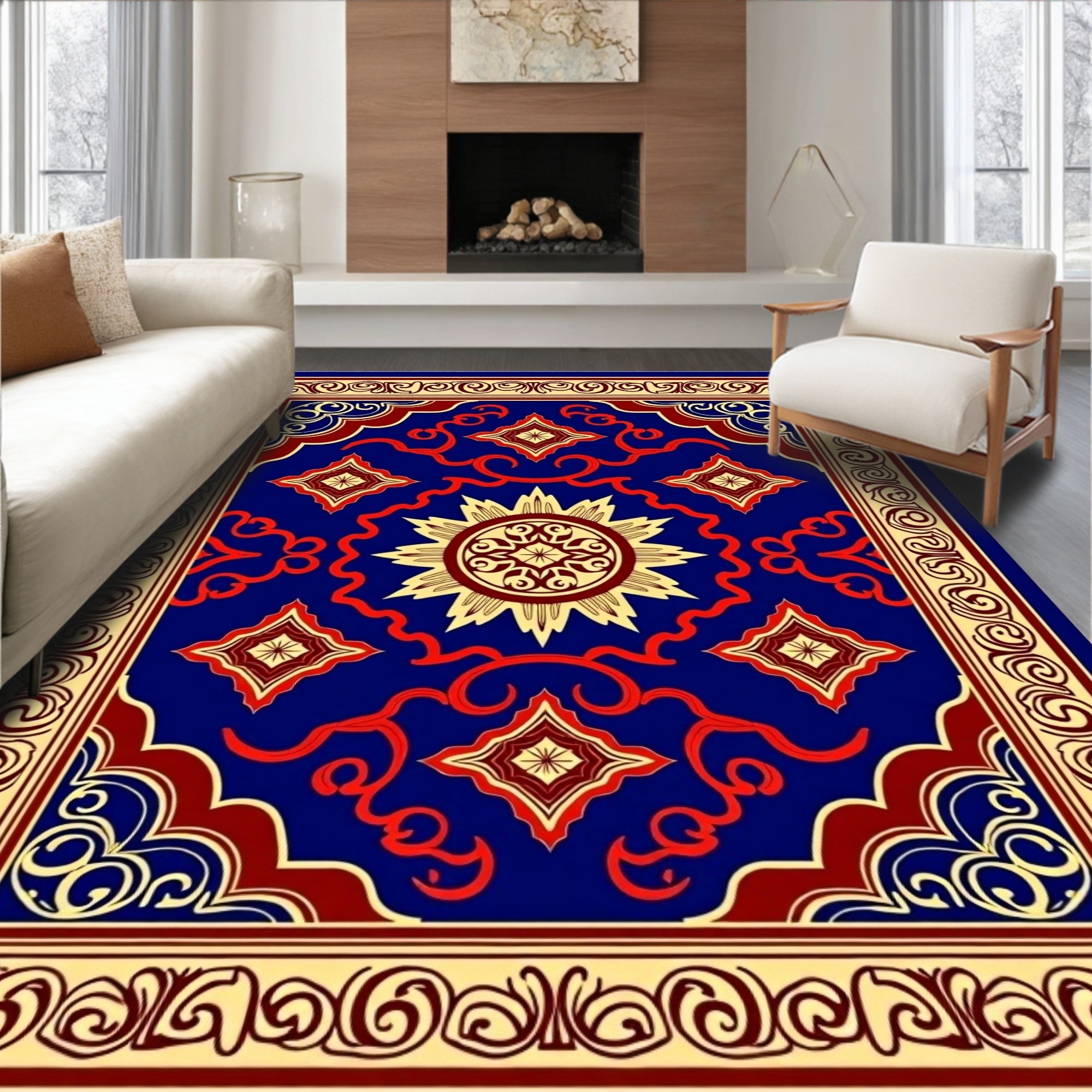 Rich Blue Floral Starburst Ornament Rug