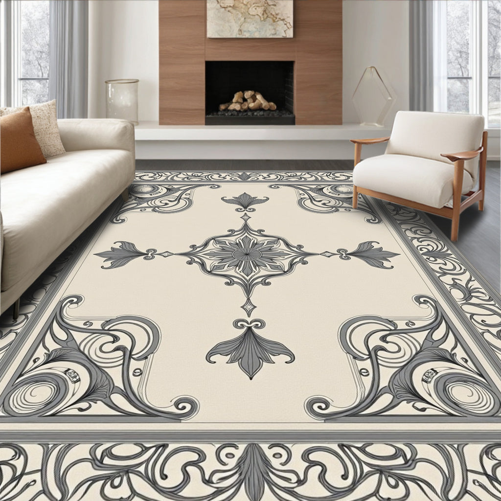 Elegant Floral Scrollwork Frame Rug