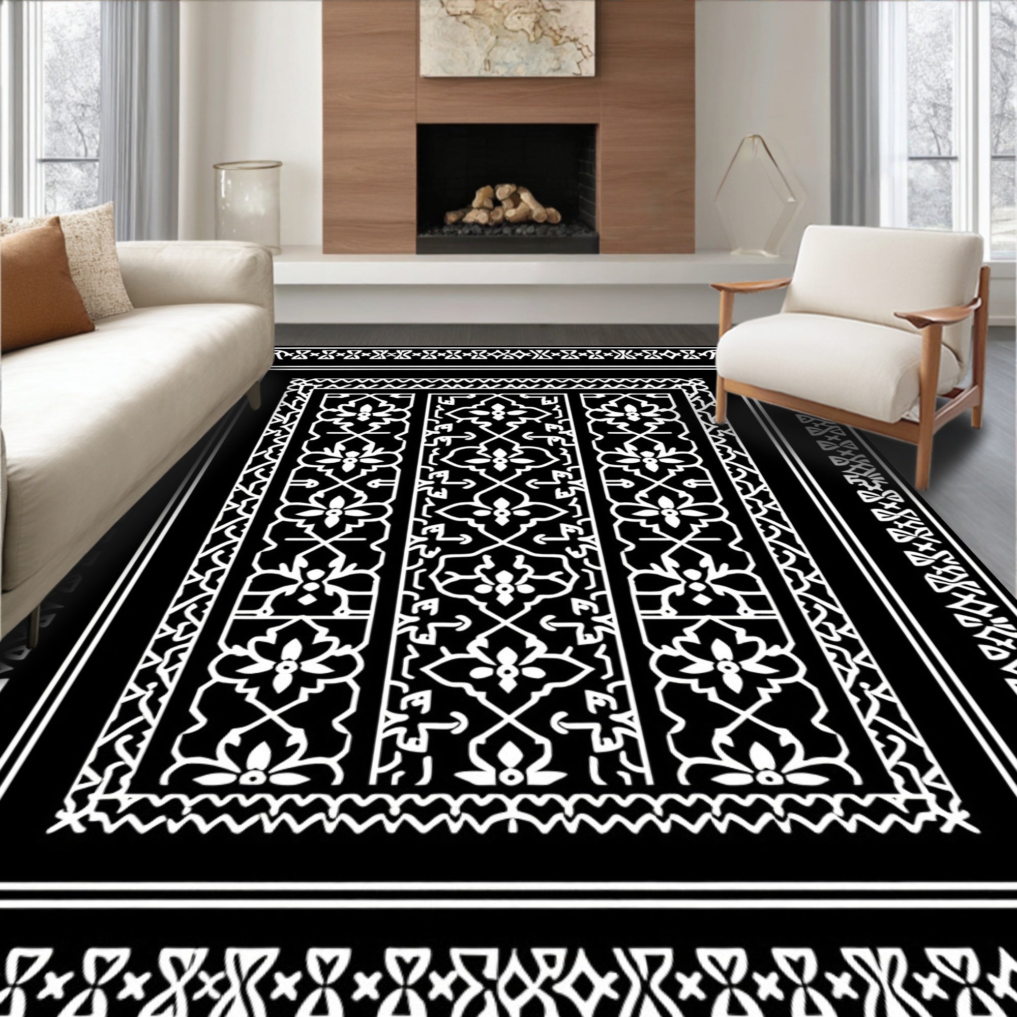 Intricate Floral Border With Geometric Accents Rug