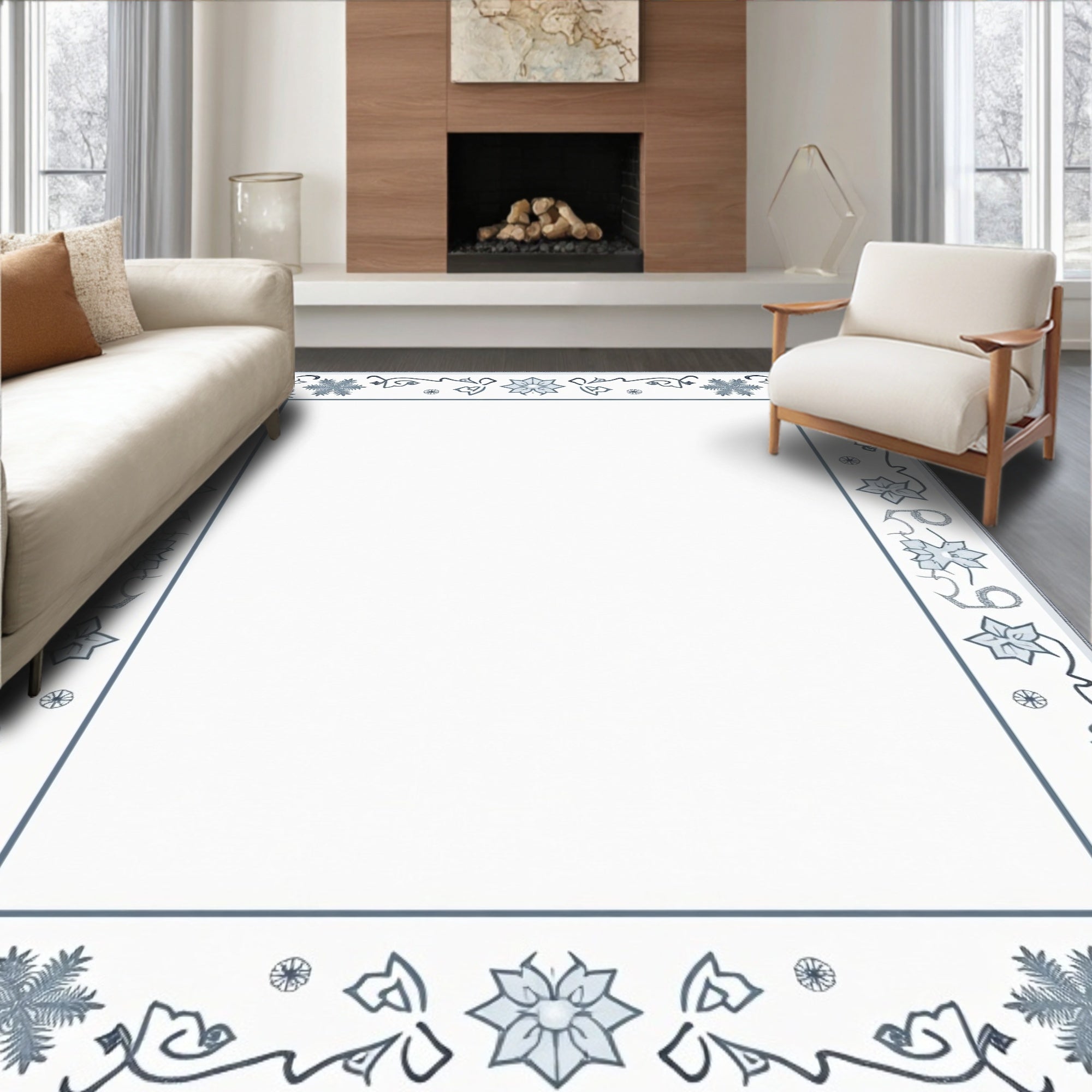 Delicate Blue Floral Snowflake Border Rug