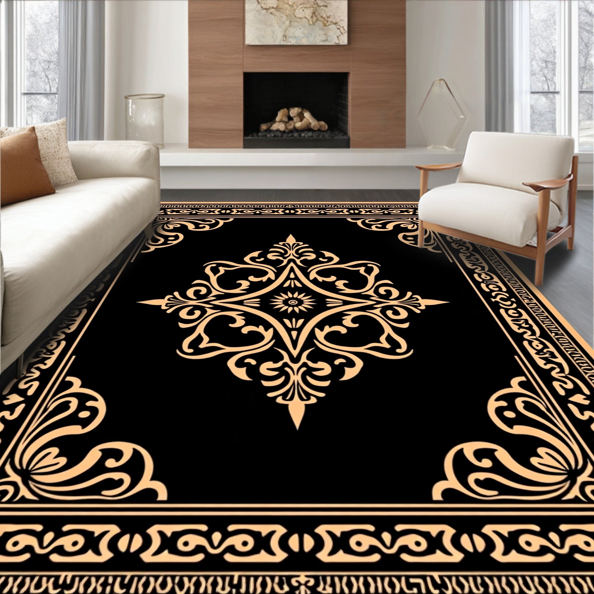 Elegant Ornate Black Gold Rug