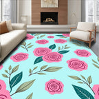 Pink Roses With Green Leaves Pattern Rug