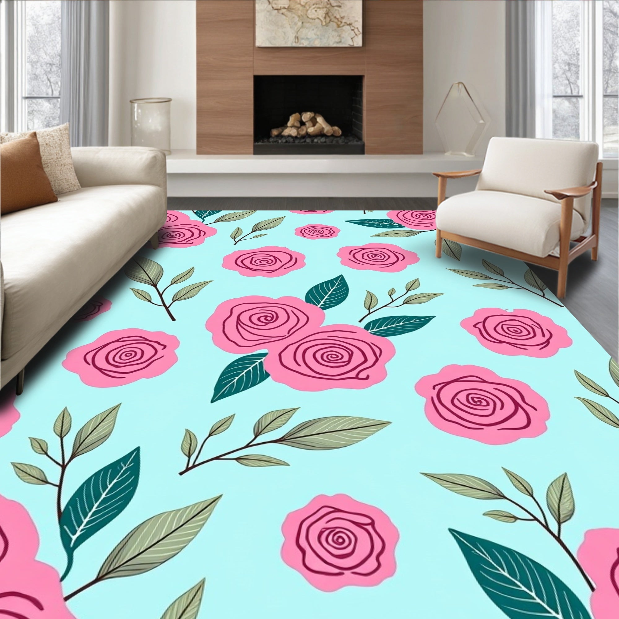Pink Roses With Green Leaves Pattern Rug