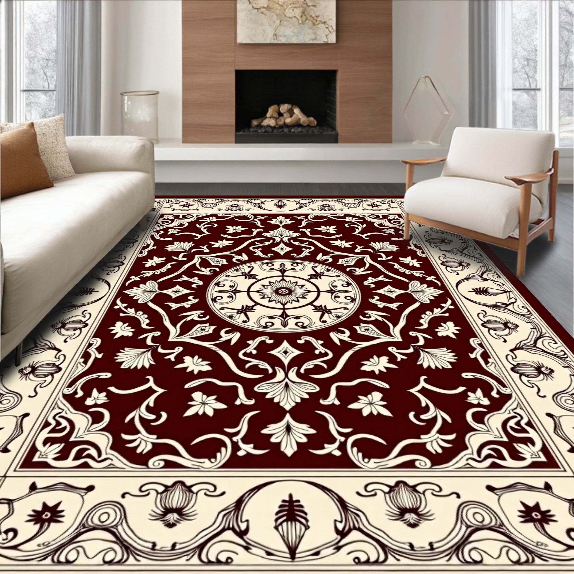 Dark Red Floral Medallion Pattern Rug