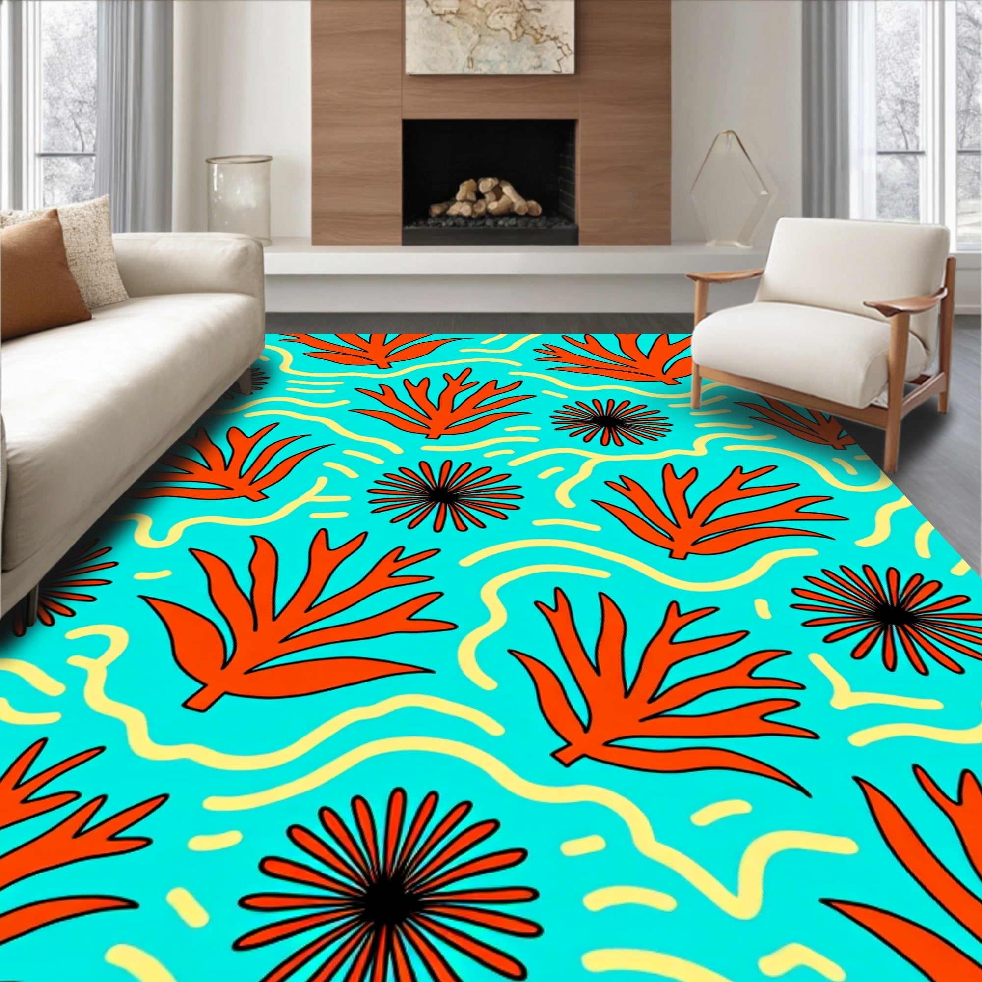 Bold Coral Wave Graphic Pattern Rug