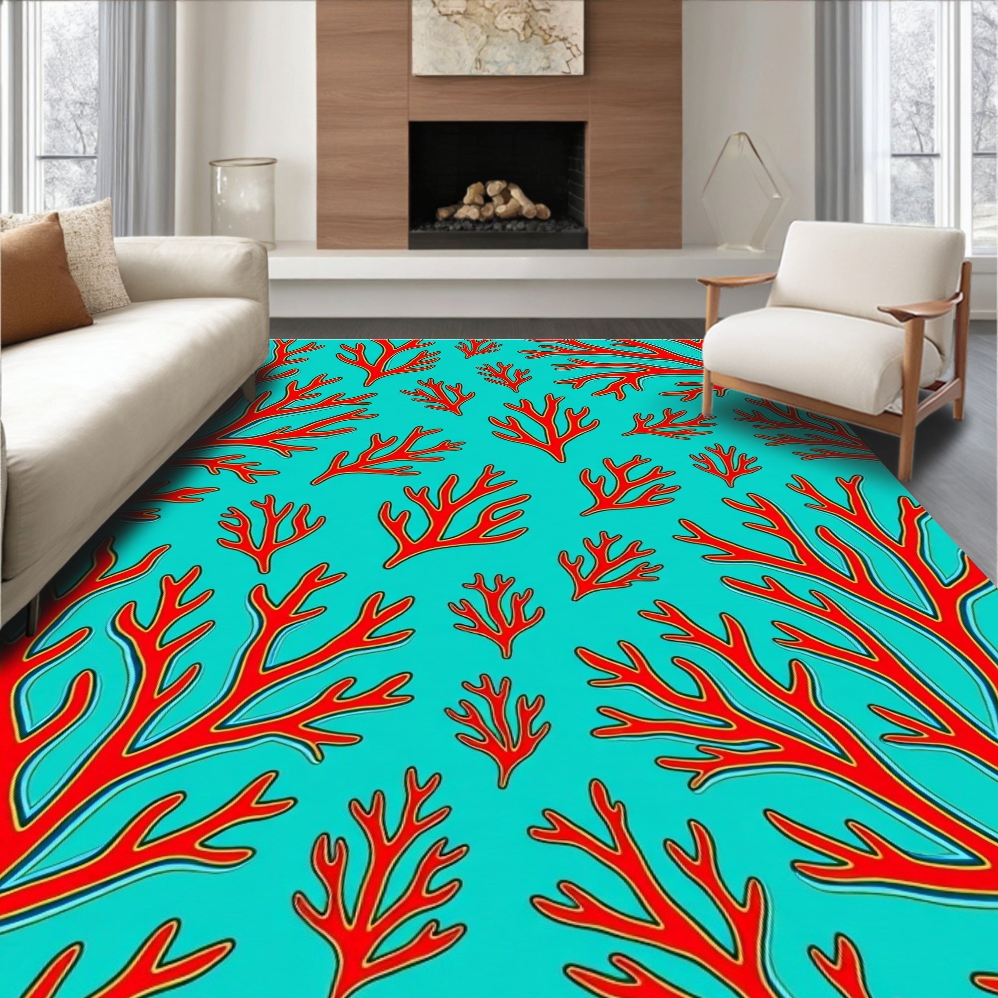 Red Coral Branches Pattern Rug