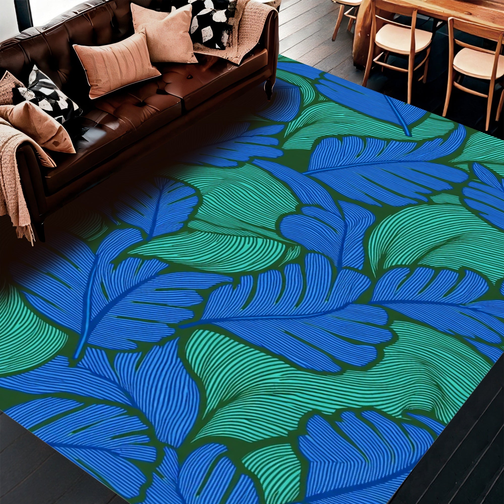 Bold Blue Green Leaf Pattern Rug