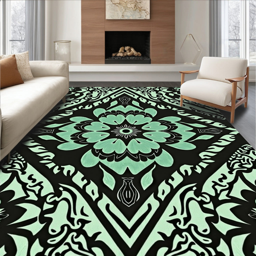 Seafoam Black Floral Diamond Mandala Rug