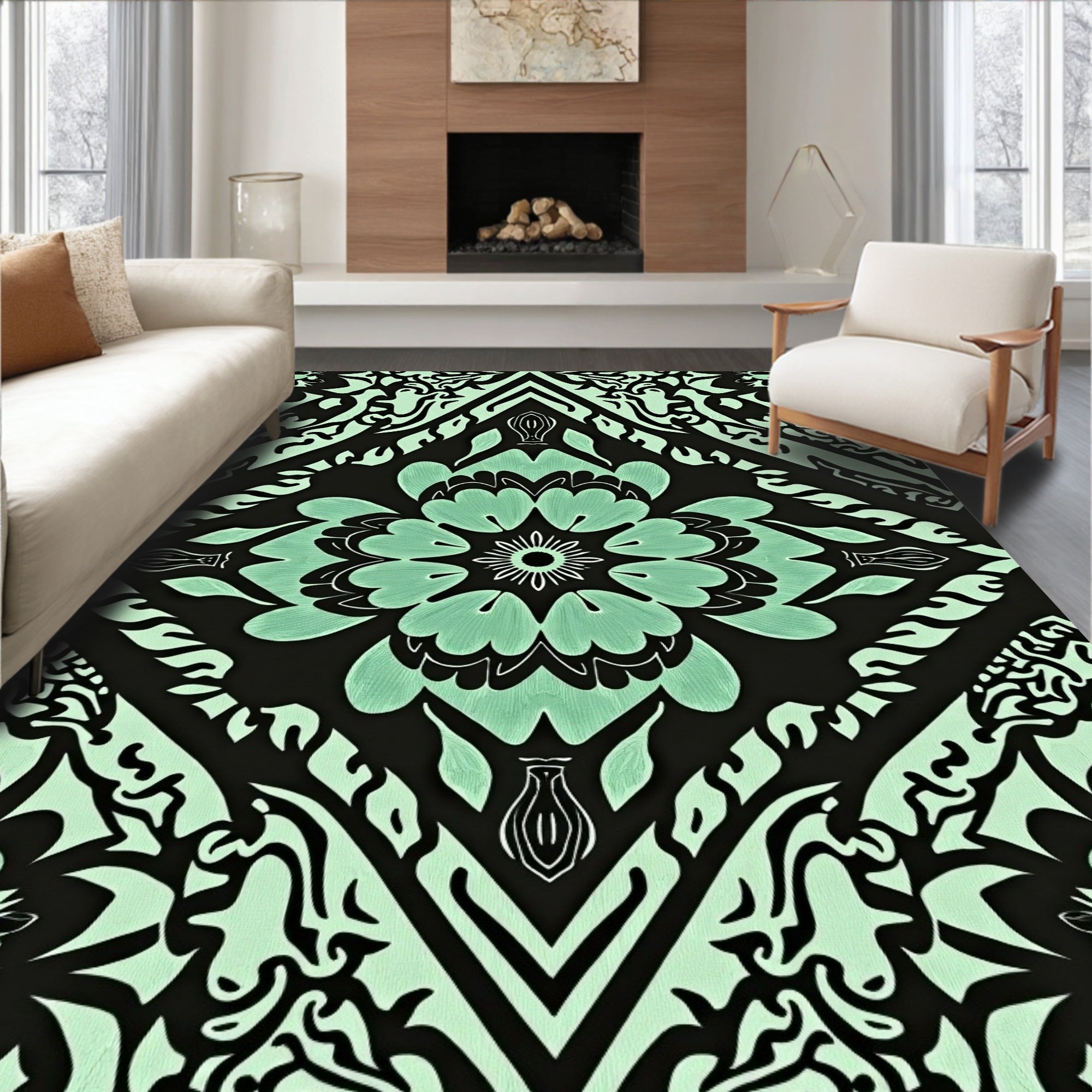 Seafoam Black Floral Diamond Mandala Rug