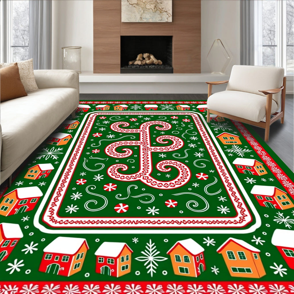 Winter Village Red White Green Holiday Rug