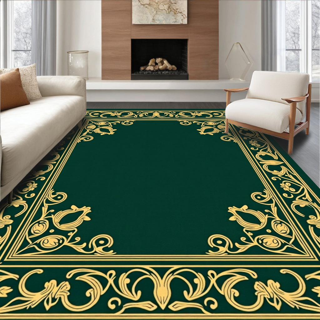 Ornate Gold Floral Frame Pattern Rug