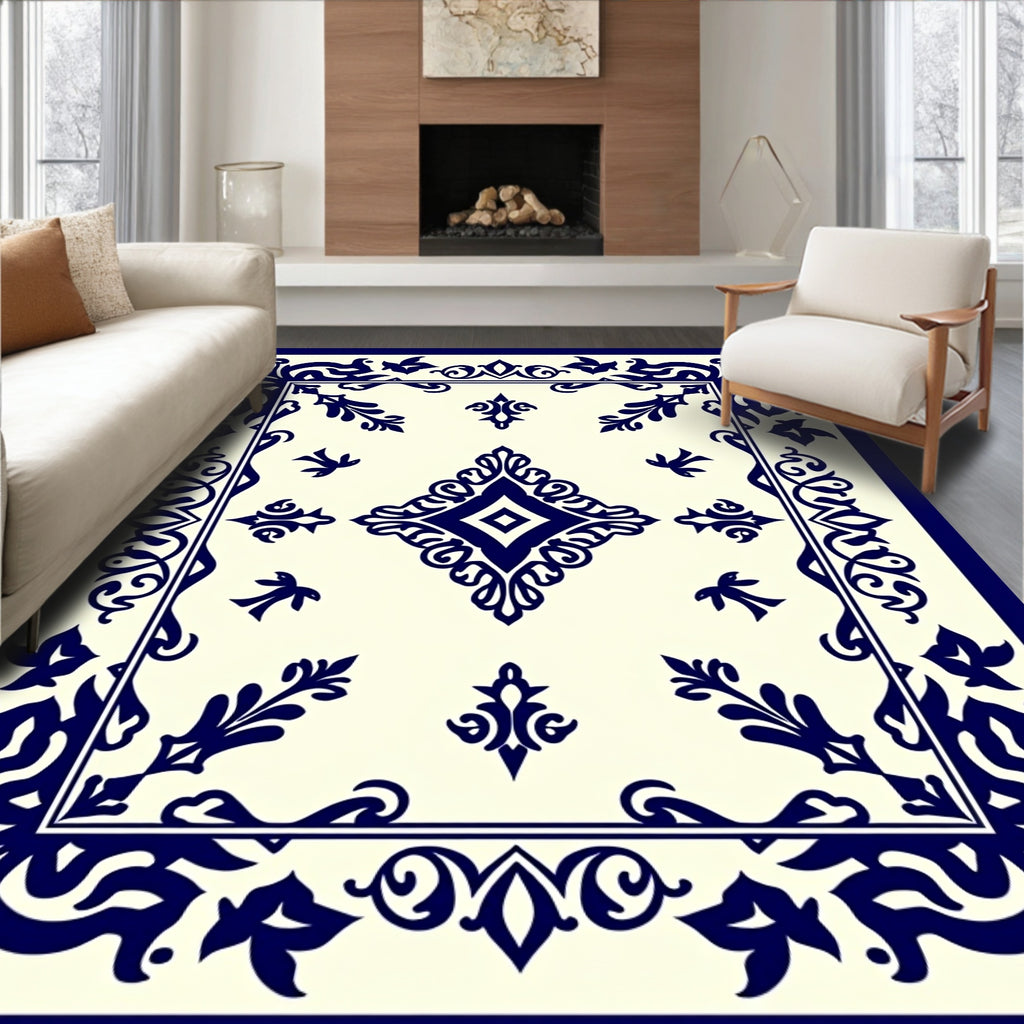Navy Blue Ornate Diamond Border Rug