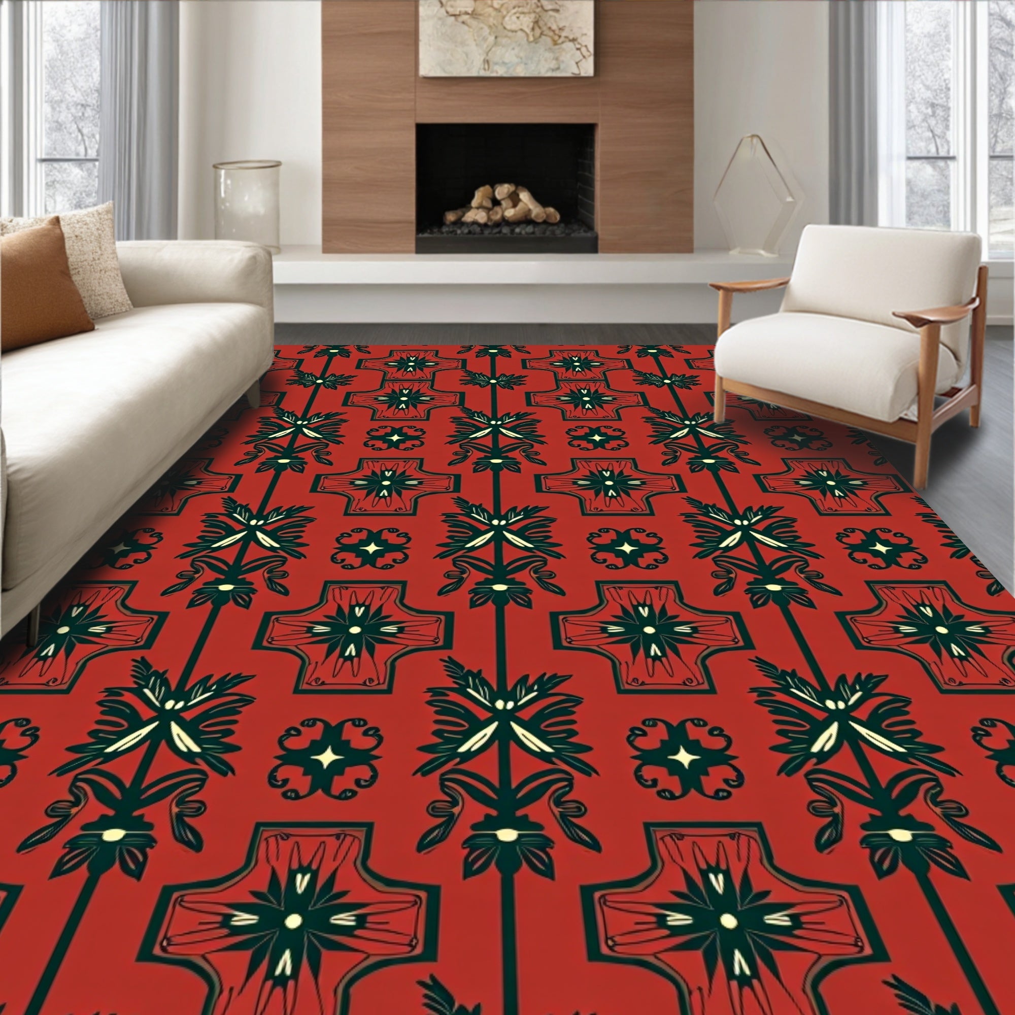 Regal Red Green Floral Motif Rug