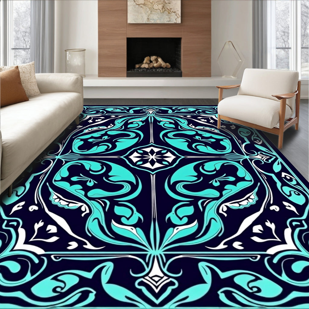 Navajo Inspired Aqua Floral Pattern Rug