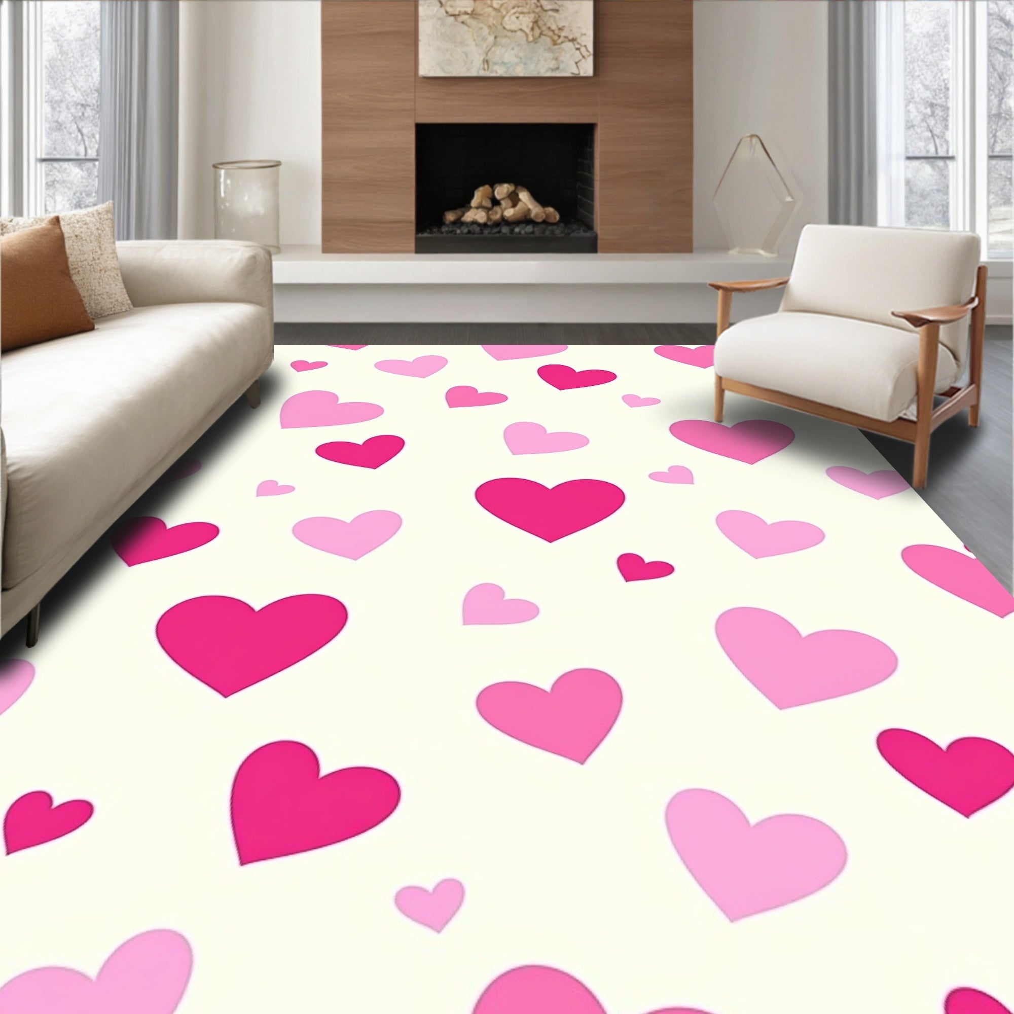Hearts Pattern Playful Pink Design Rug