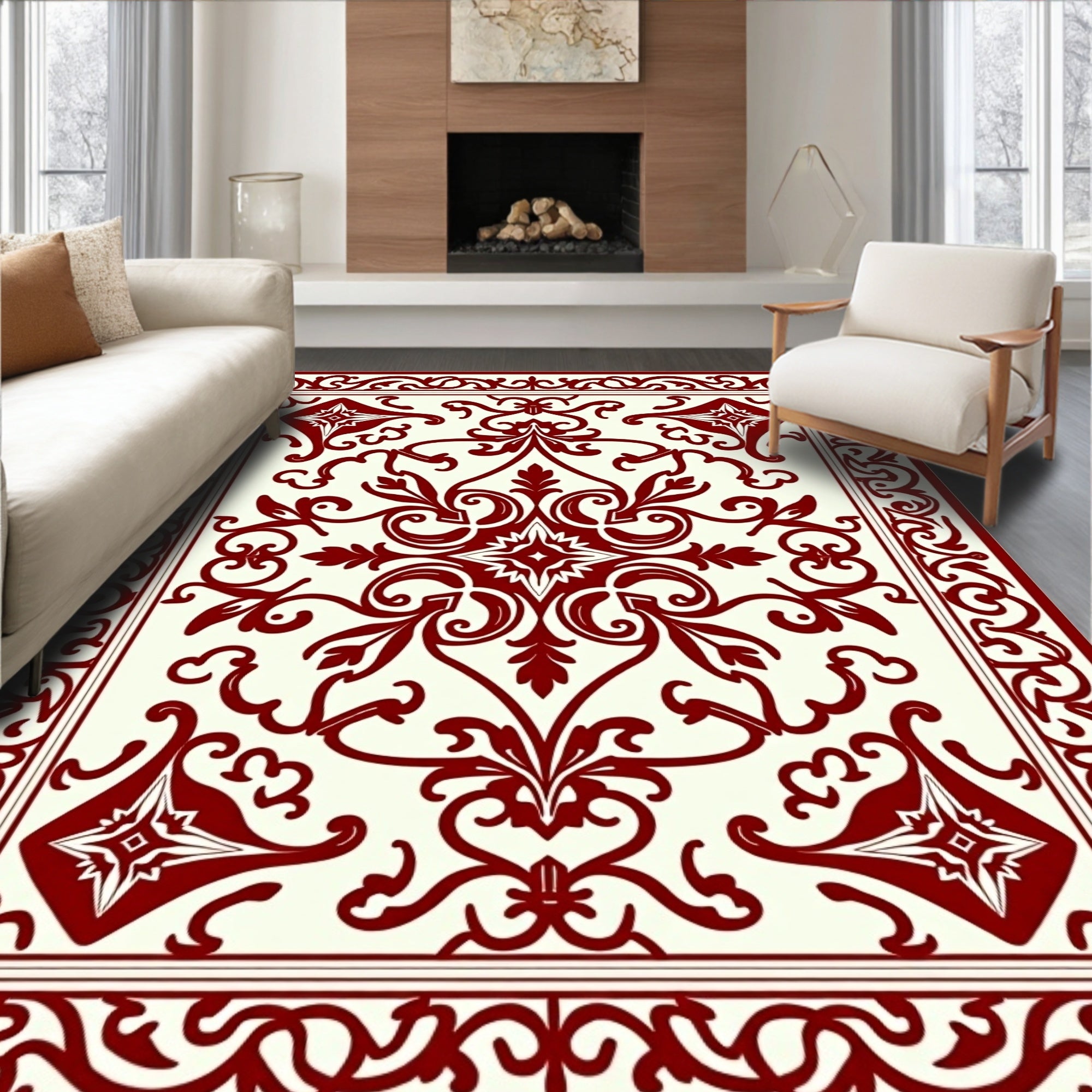 Rich Red Elegant Scrollwork Rug