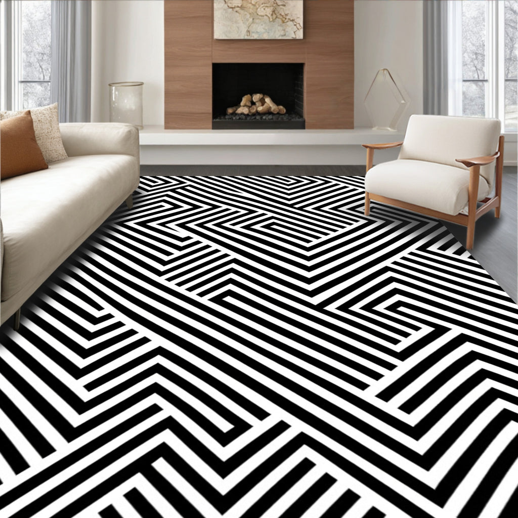 Bold Black White Geometric Maze Rug