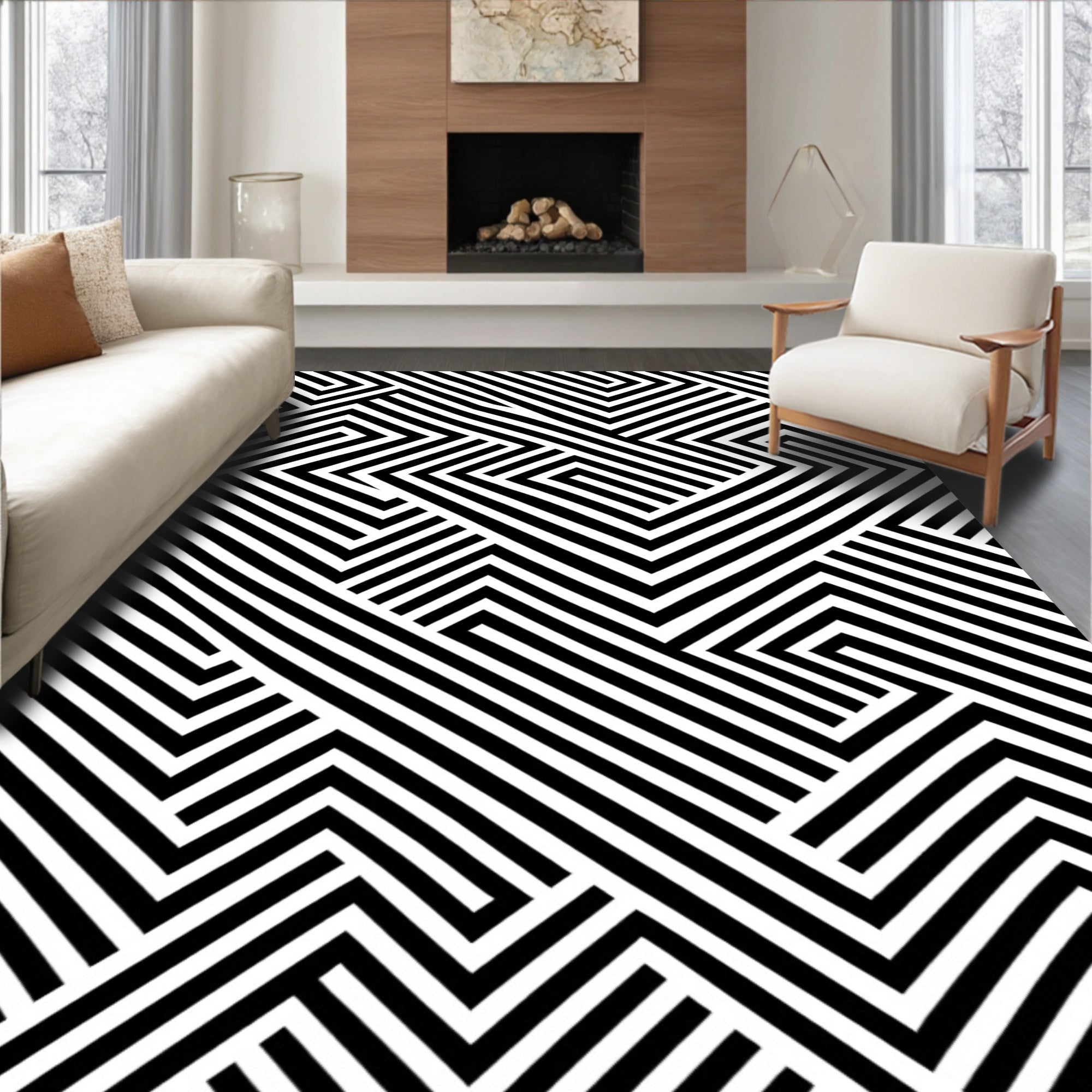 Bold Black White Geometric Maze Rug