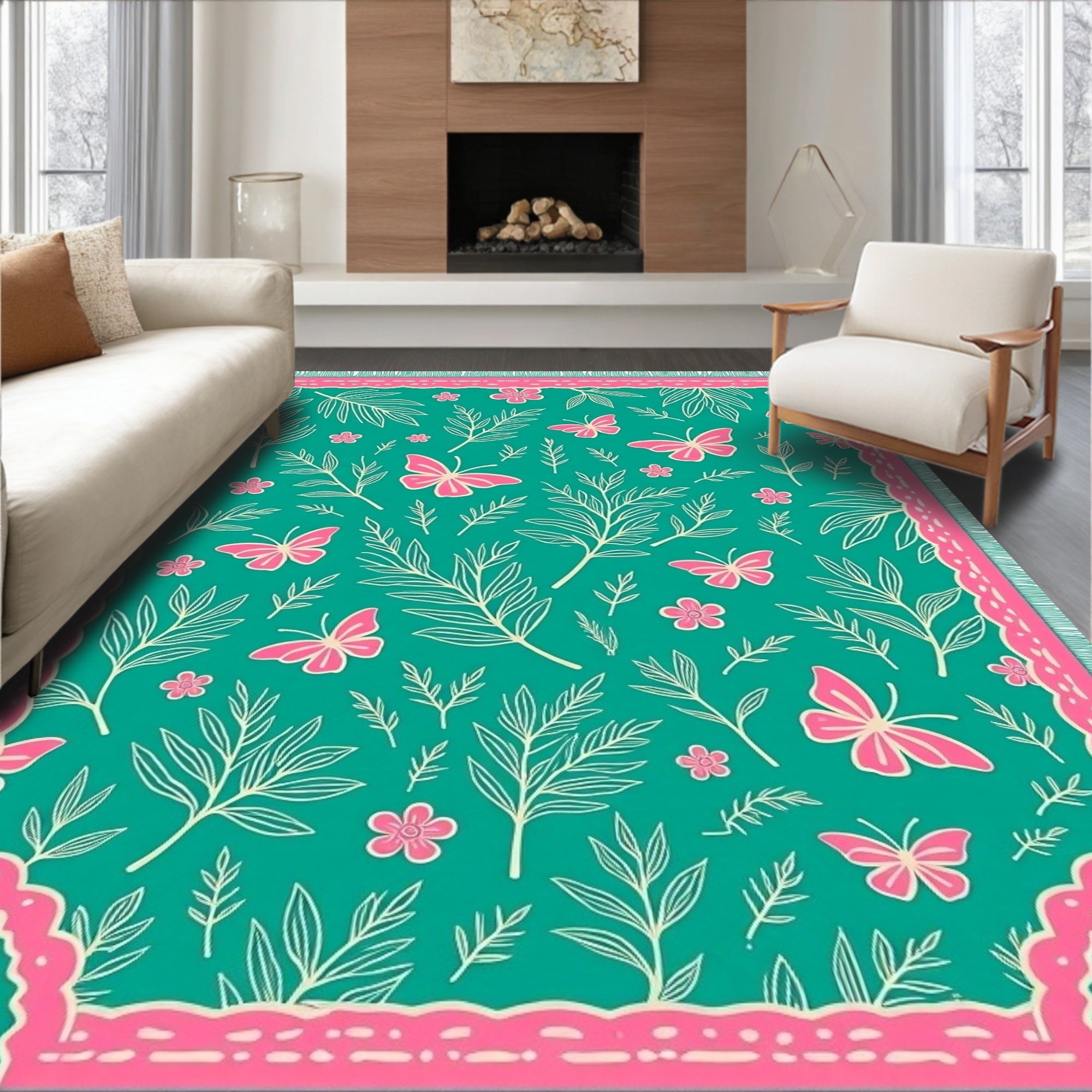 Teal Pink Butterfly Foliage Garden Rug