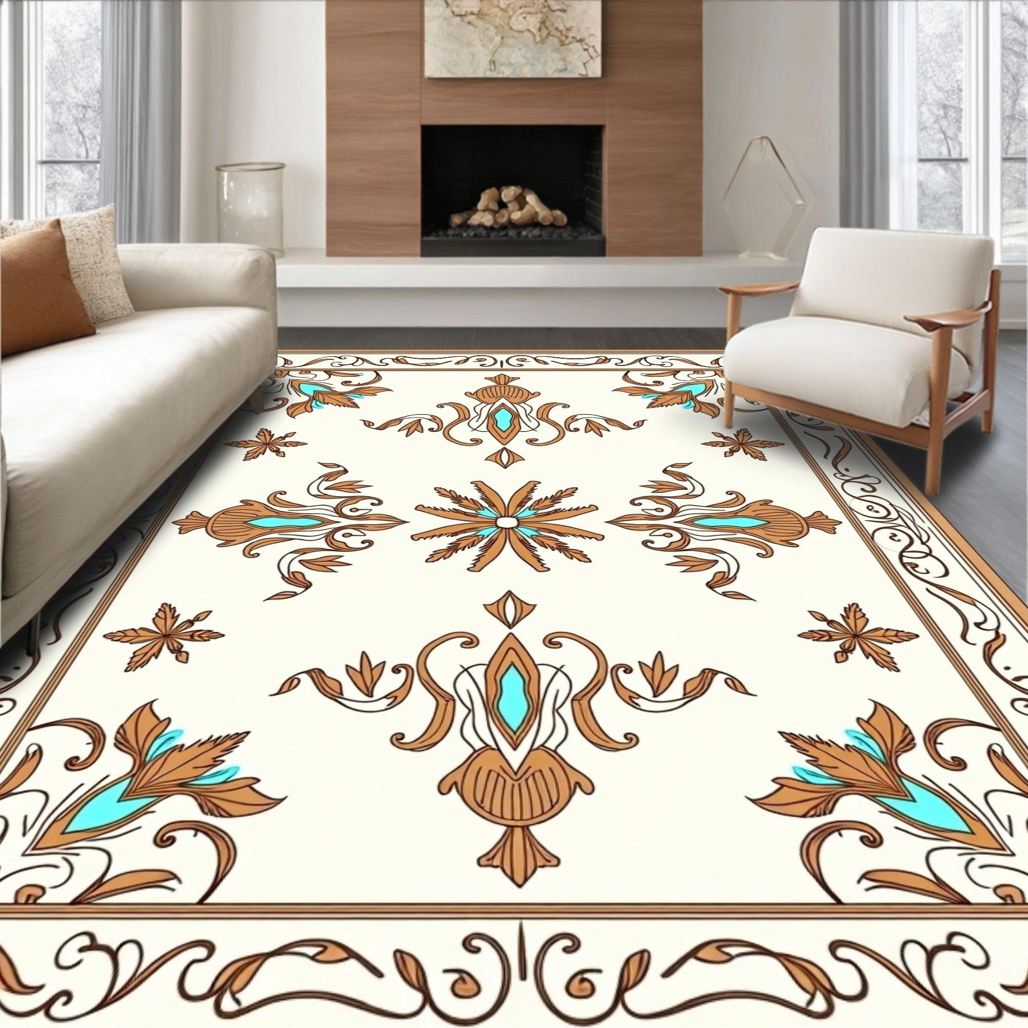 Ornate Floral Leaf Medallion Design Rug