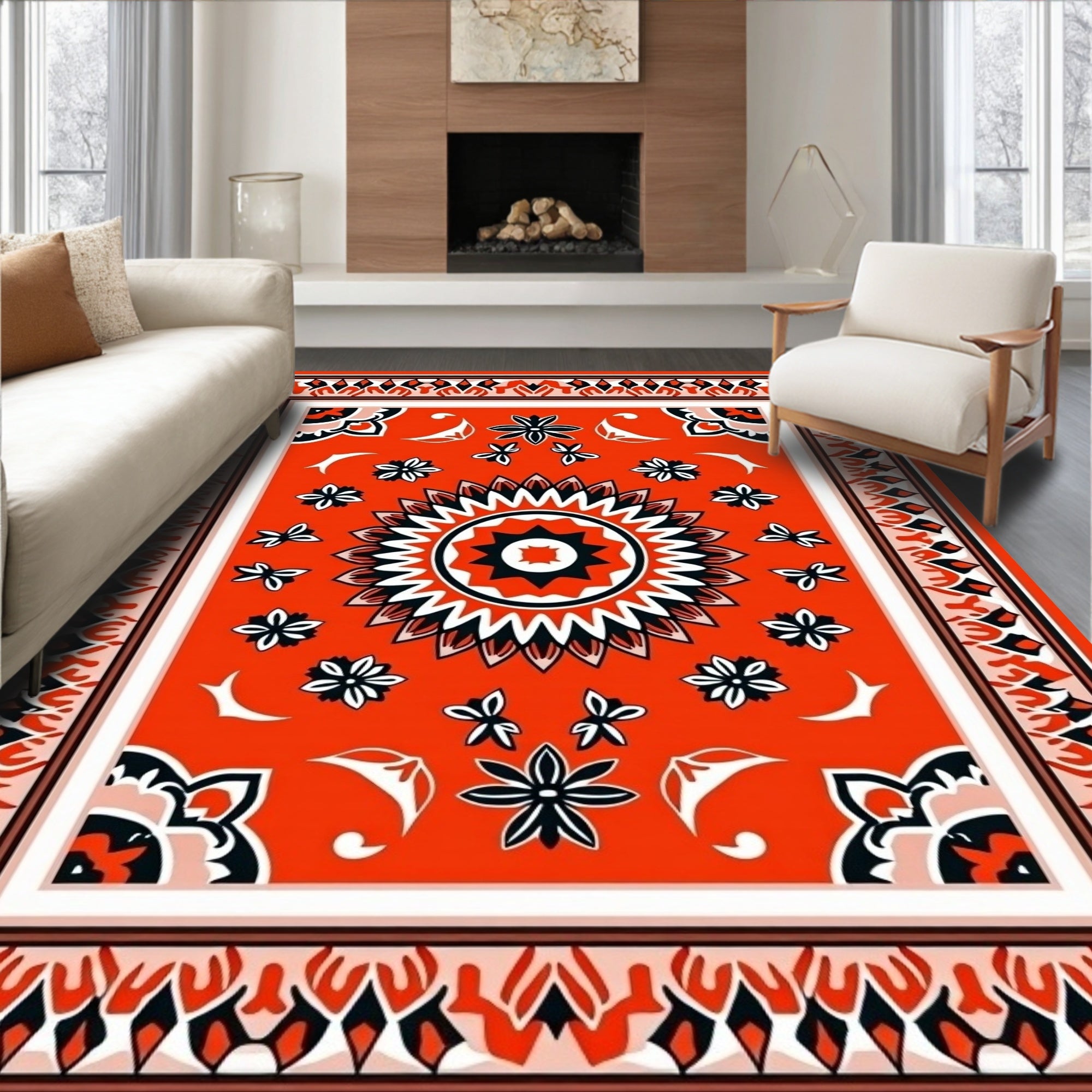 Bold Red Floral Patterned Ethnic Rug